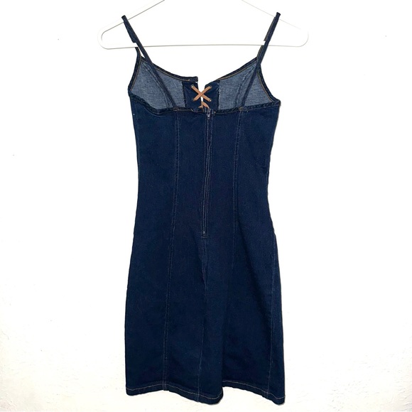 Helium Y2K vintage lace-up stretchy dark denim jean short mini dress front slit - Picture 2 of 11